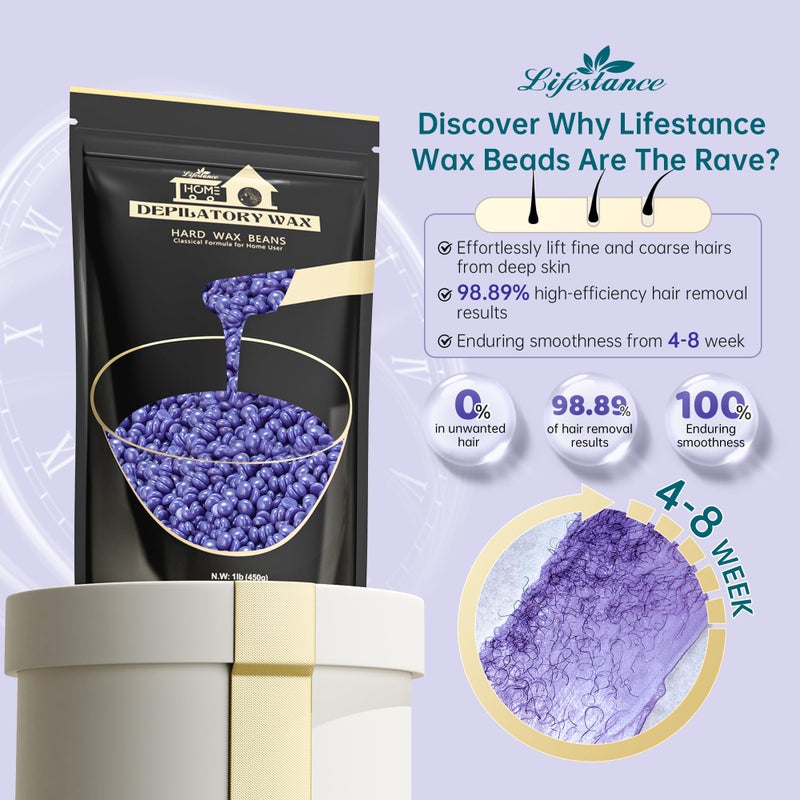 Lifestance Hard Wax Beans Hair Removal Kit, 1lb Large Refill Stripless Waxing Beans for Women Men Waxing Depilatory Lavender Pearl Wax Beads - Image 2